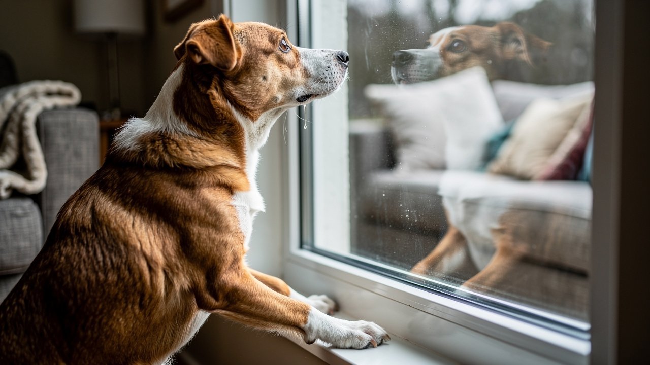 Anxious dog standing at window watching outside alone