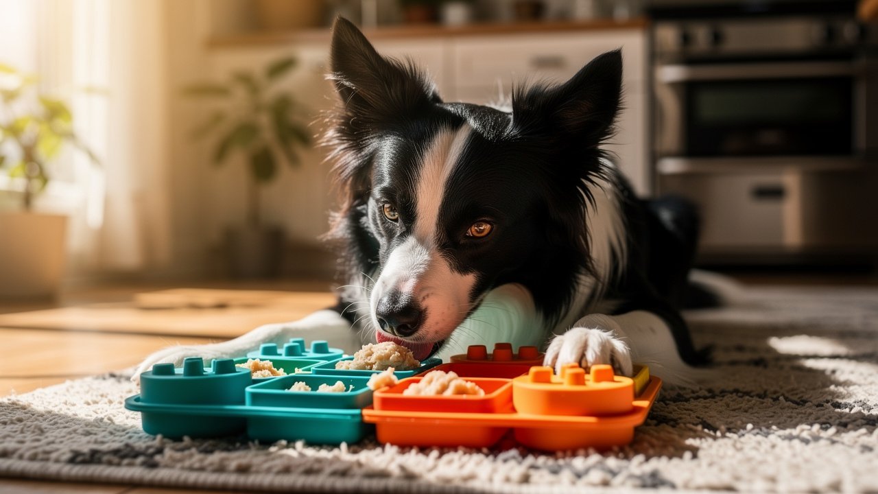 Border collie solving puzzle feeder for mental enrichment