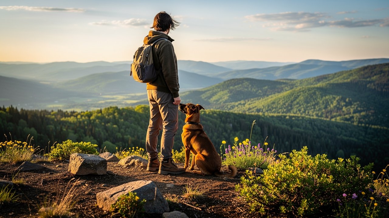 Dog and owner enjoying a hilltop view at a state park trail