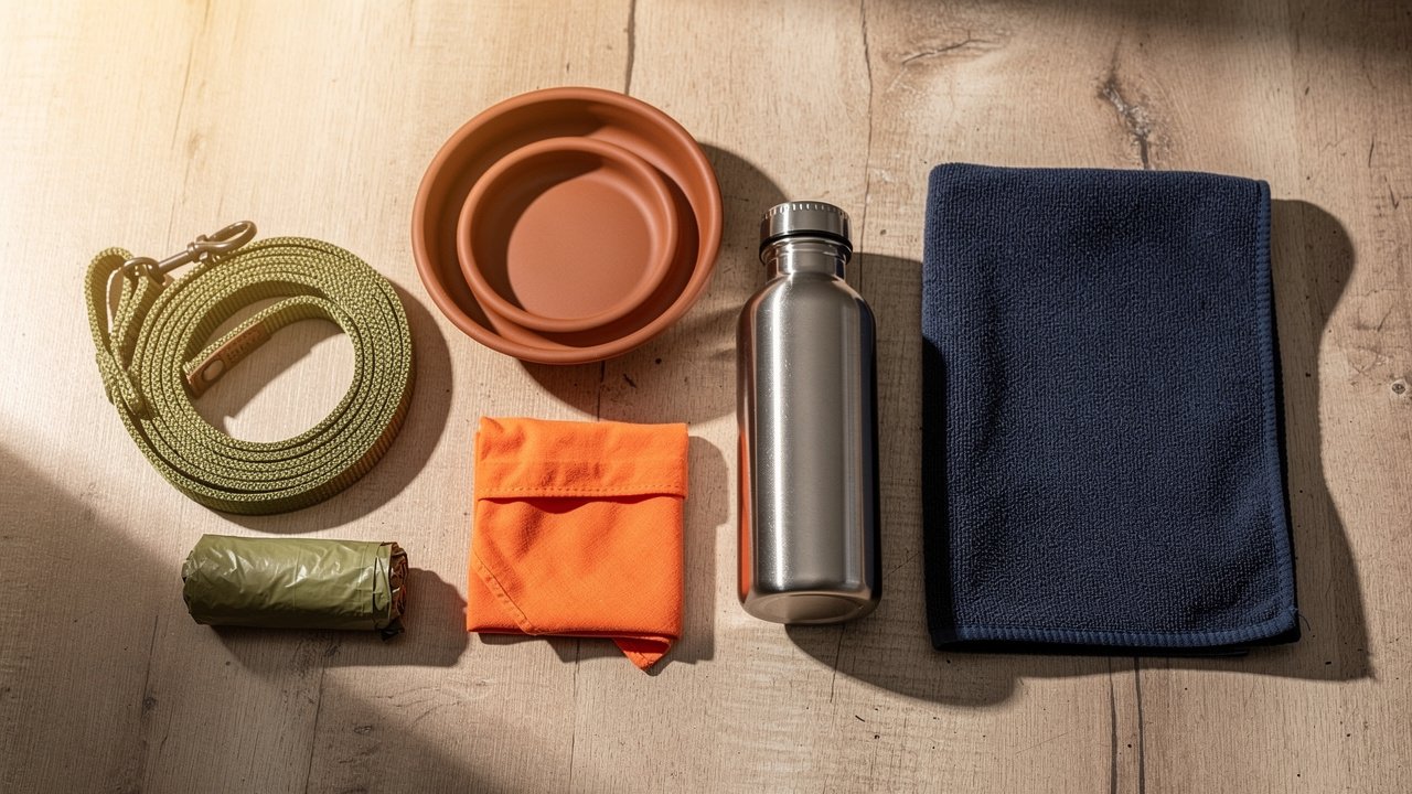 Essential dog trail gear including leash, water bowl, and towel