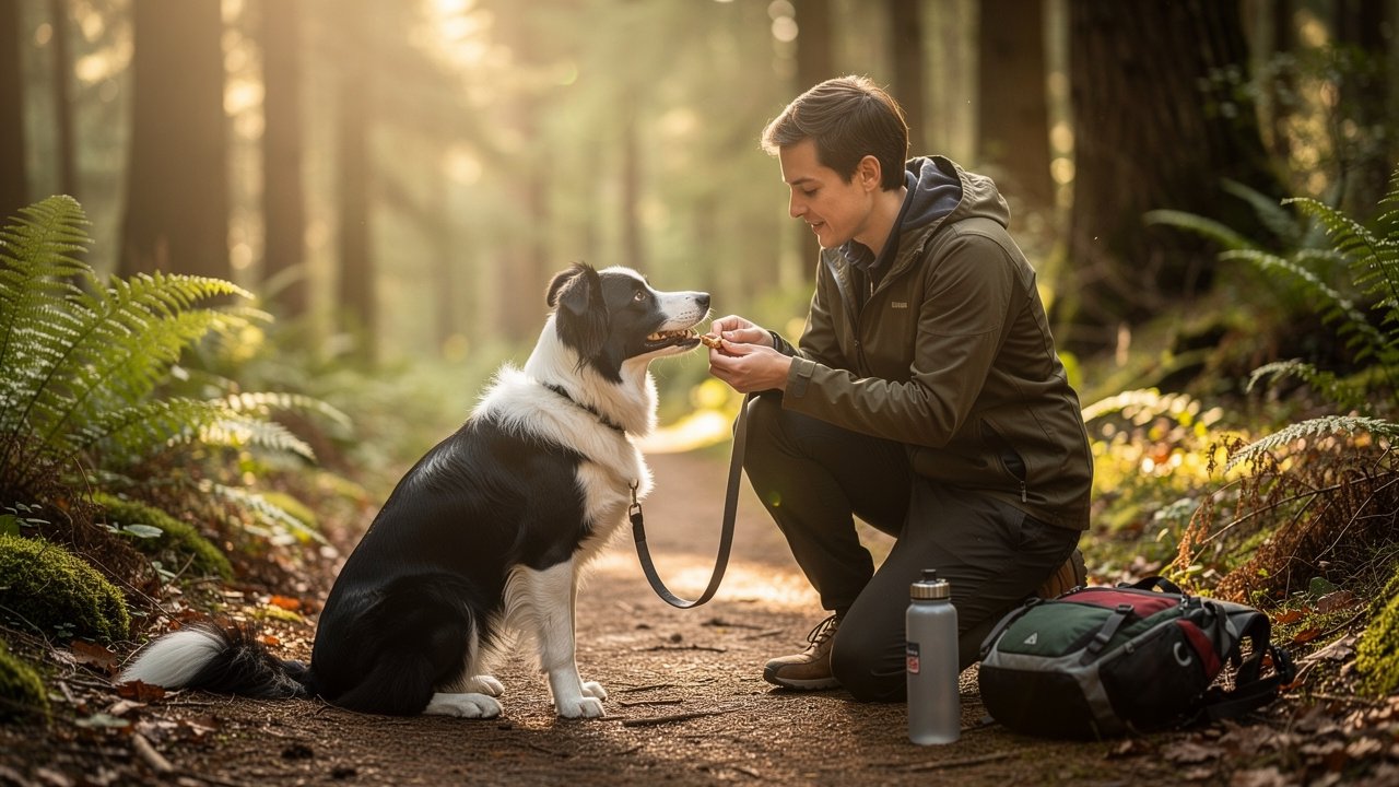 Trainer rewarding a border collie with a treat on a forest trail