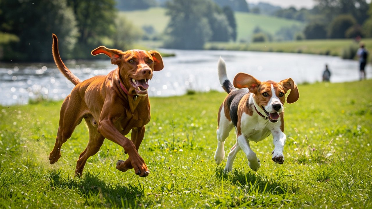 Two dogs running freely in an off-leash park near a river
