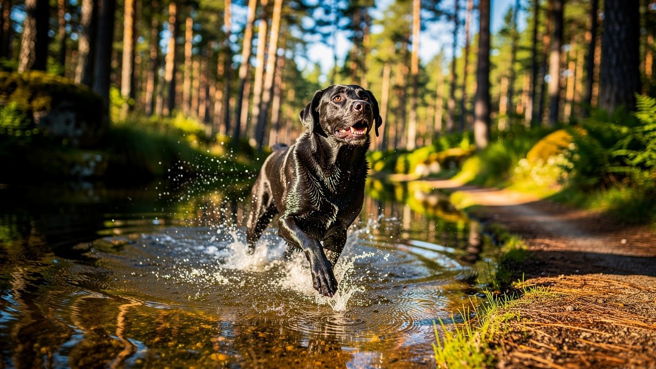 Black Labrador splashing through a clear pond on a wooded trail