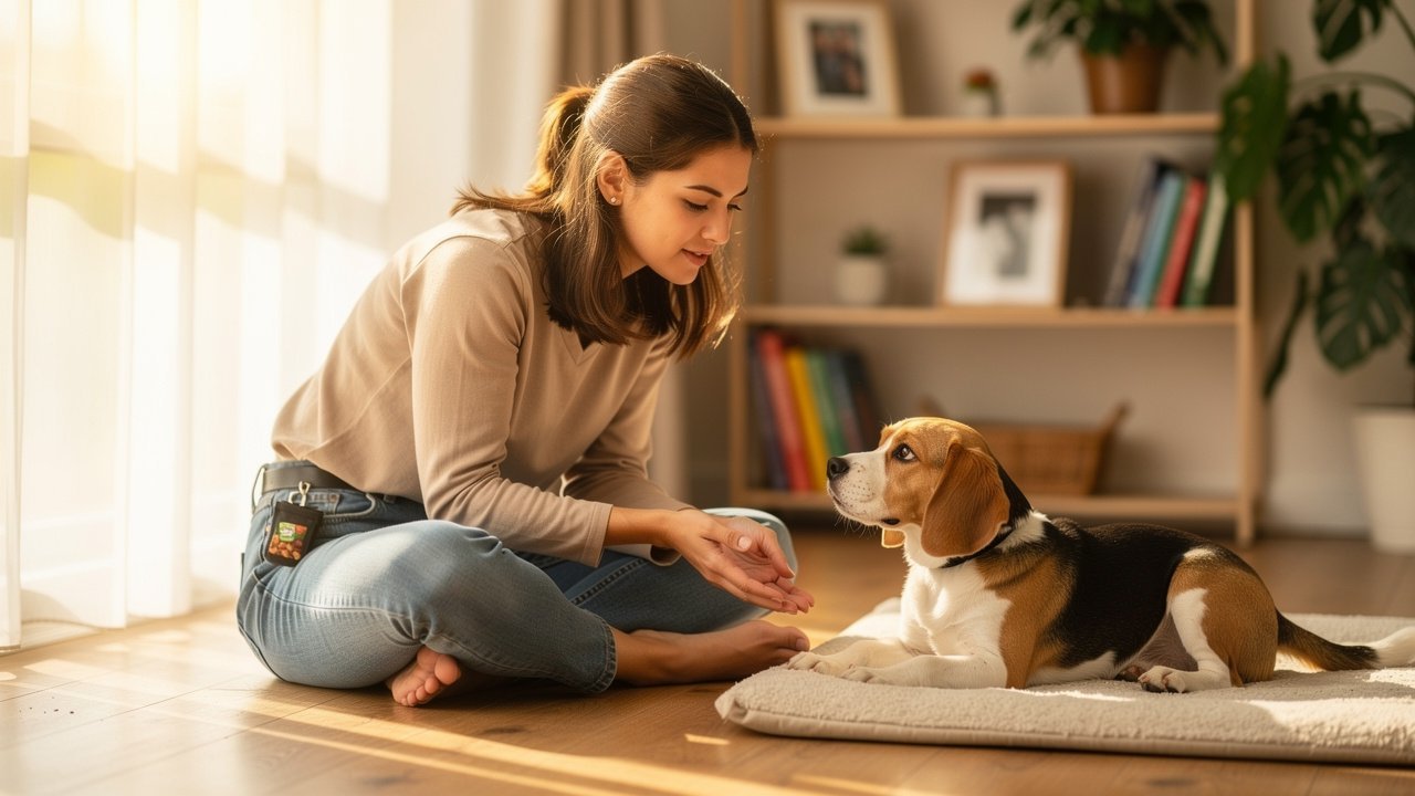 Woman training beagle puppy with positive reward method