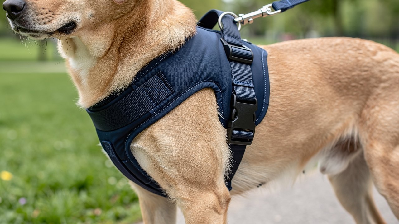 Dog harness with long leash attached to back clip