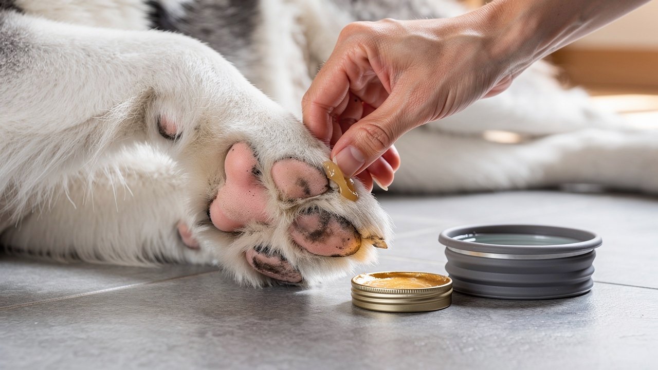 Person applying paw balm to dog paw after city walk