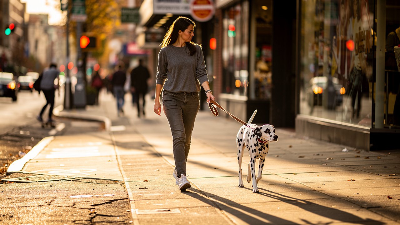 Woman calmly redirecting reactive dog away from street trigger