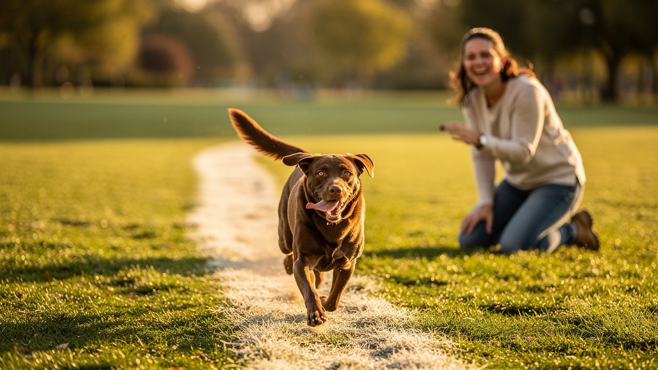 Labrador sprinting back to owner during recall training