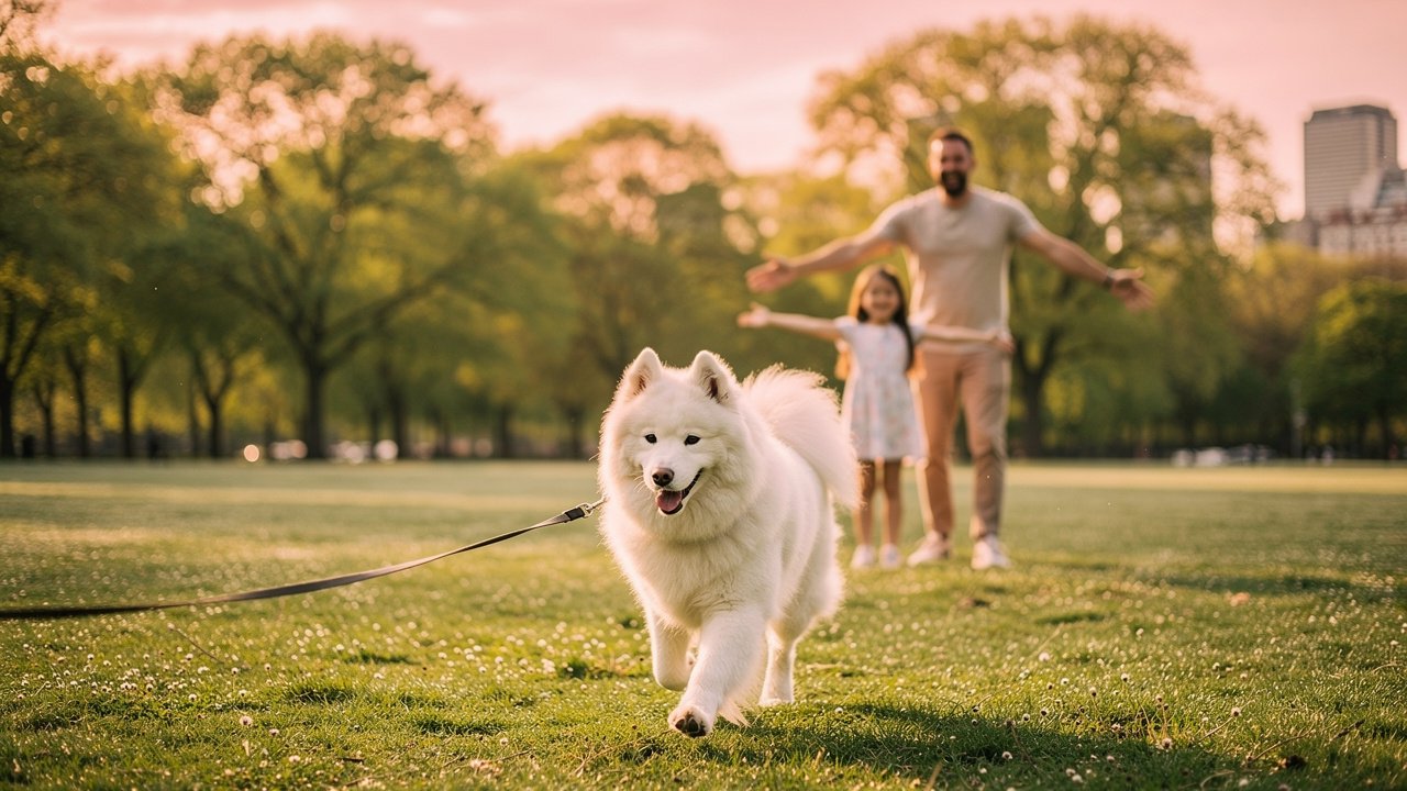 Family practicing dog recall in morning park session