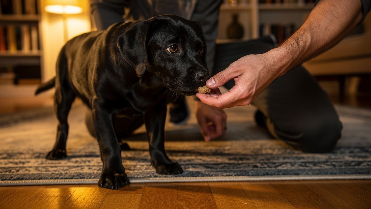 Man teaching dog leave it command indoors with treats