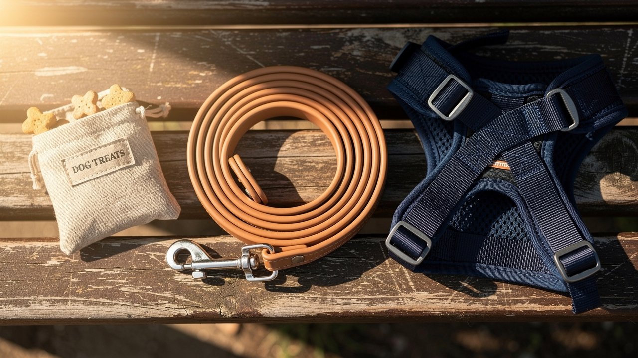 Long leash harness and treats for recall training