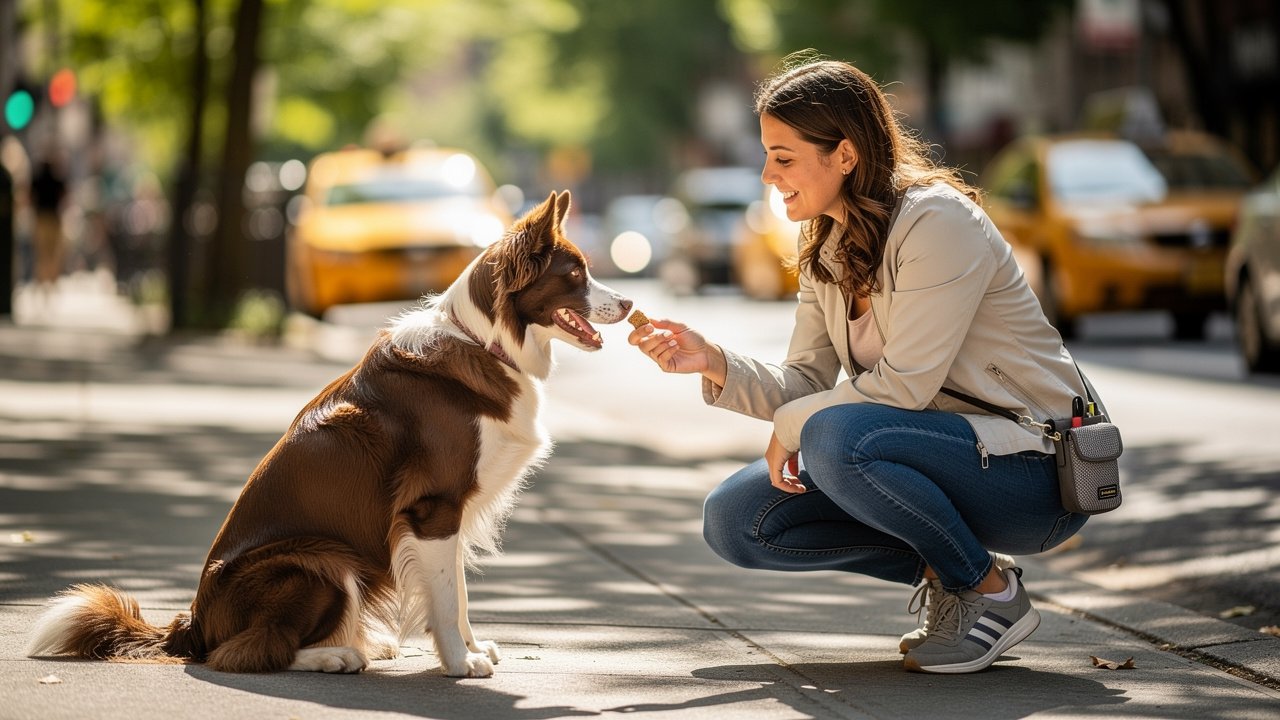 Woman rewarding dog with treat on city sidewalk