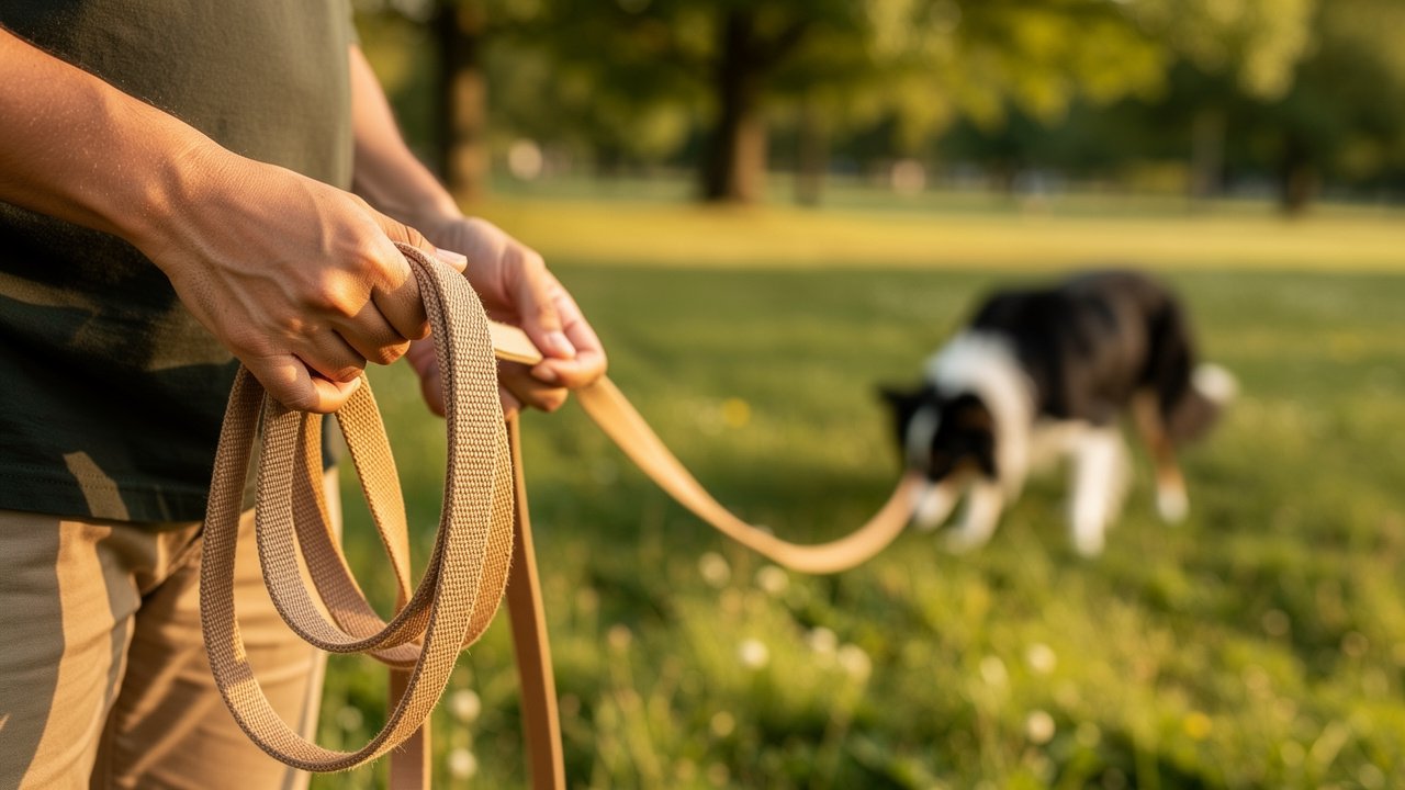 Hands safely holding a long dog training leash