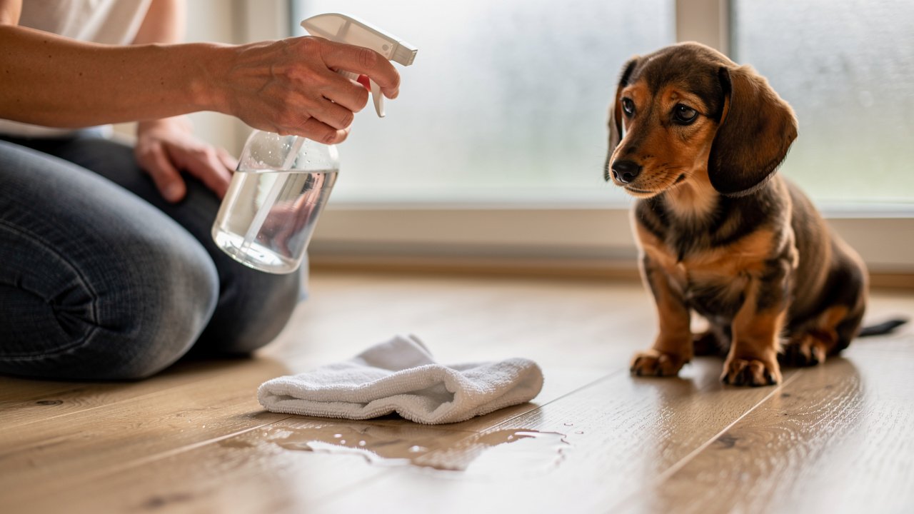 Person calmly cleaning indoor puppy accident with enzymatic cleaner