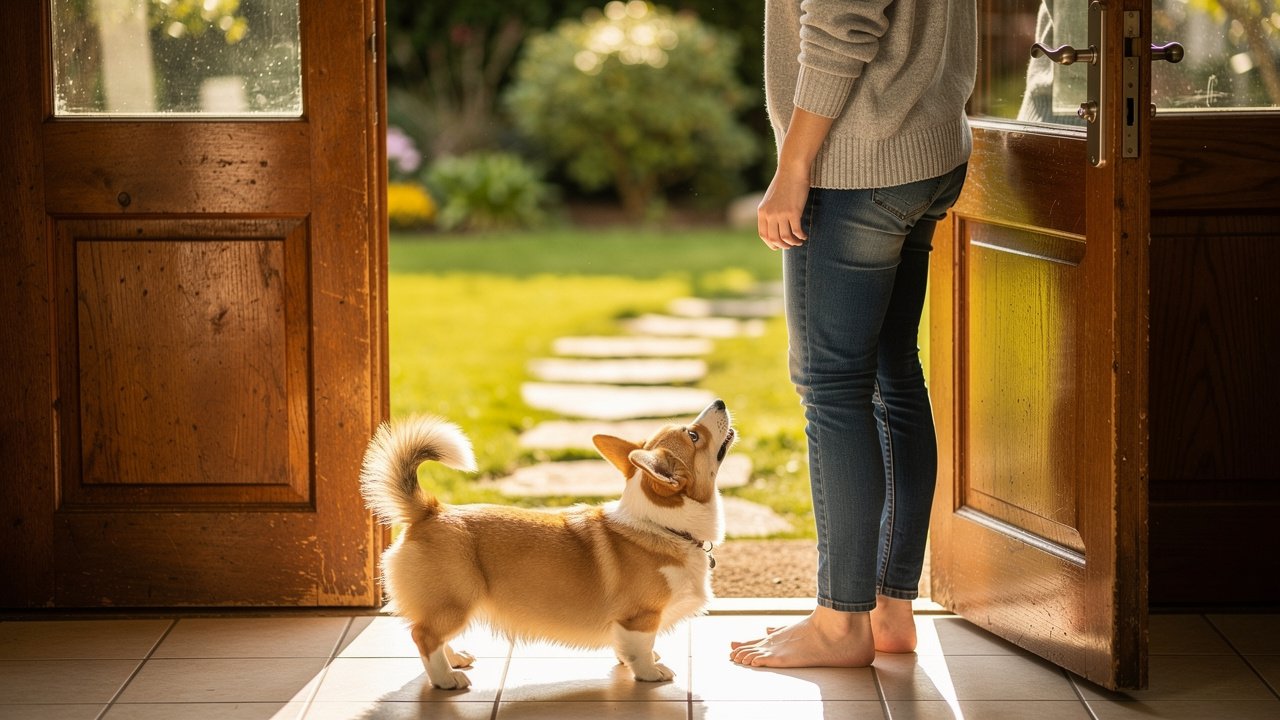 Woman taking corgi puppy outside for morning potty break