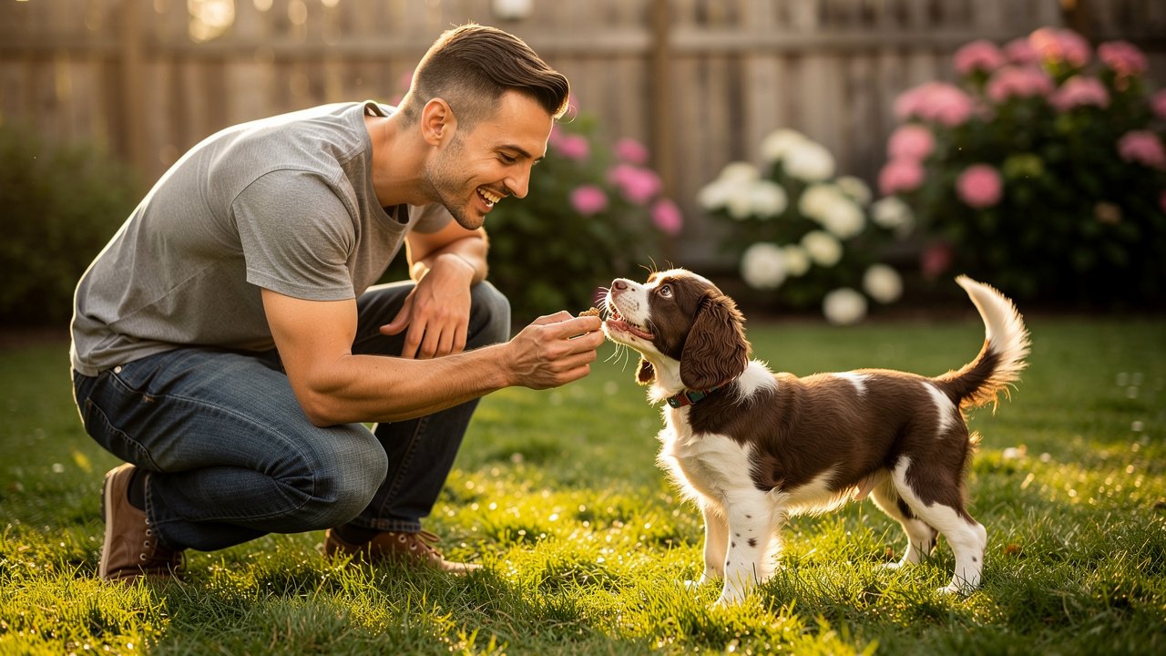 Man rewarding spaniel puppy with treat after outdoor potty success