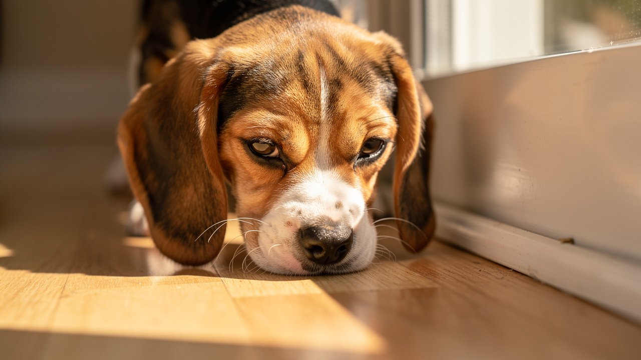 Beagle puppy sniffing floor showing potty signal behavior